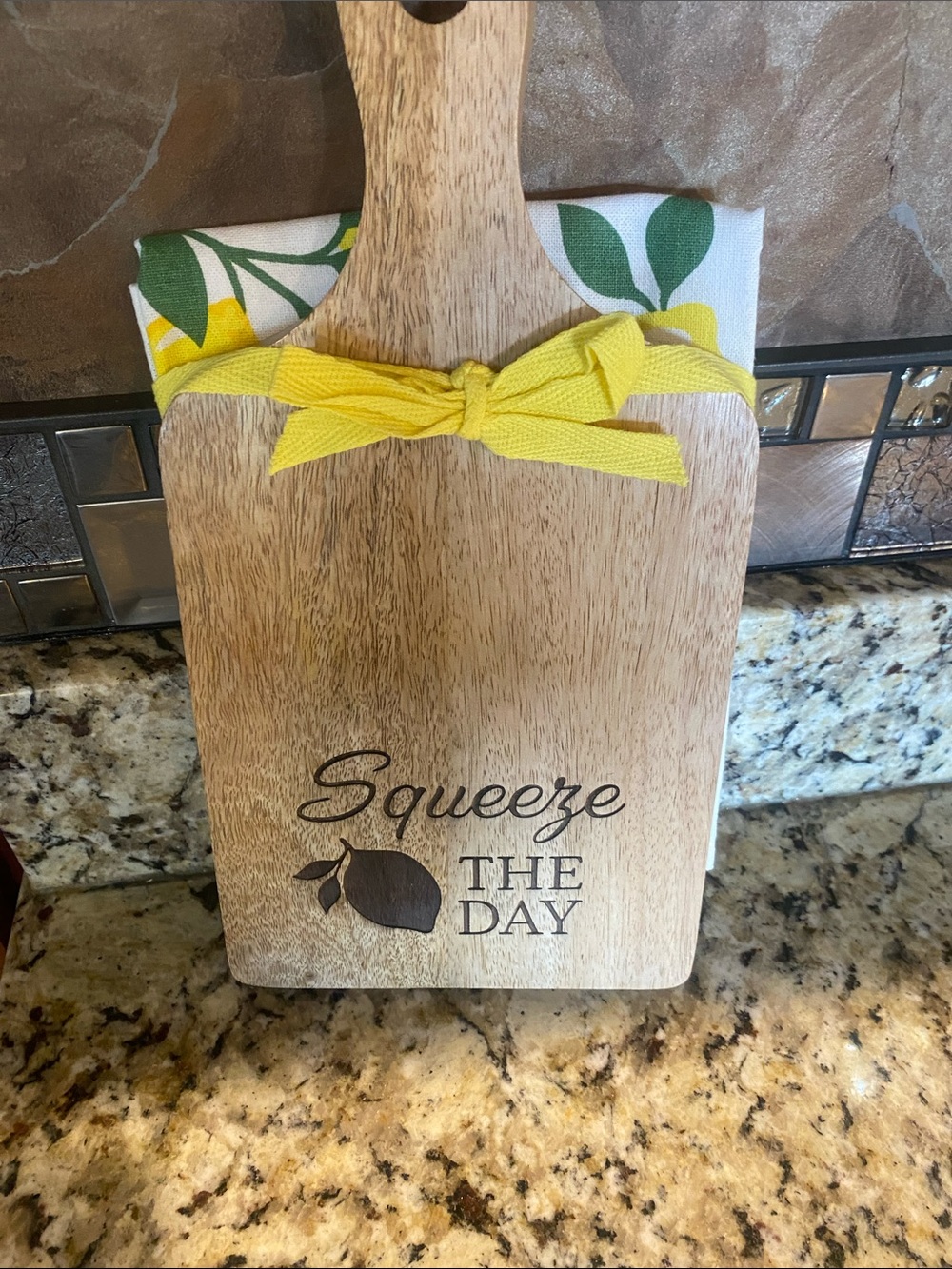 Squeeze Wooden Prep Board with Yellow Ribbon and Green Towel Accent